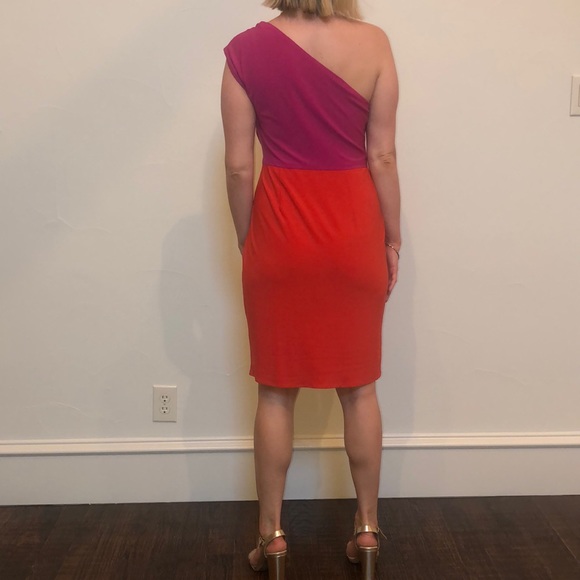 One shoulder pink and red color block dress. - Picture 2 of 2